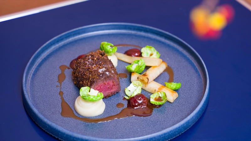 Crusted venison with Brussels sprouts